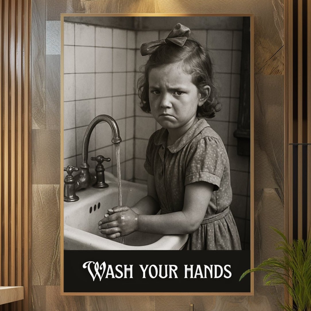 “Wash Your Hands” Vintage Grumpy Kid Poster – Playful Retro Hygiene Art Print - Just Great Posters
