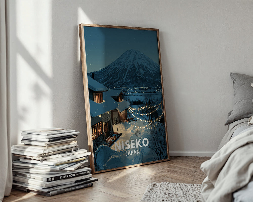 Niseko poster displayed in a cosy interior setting