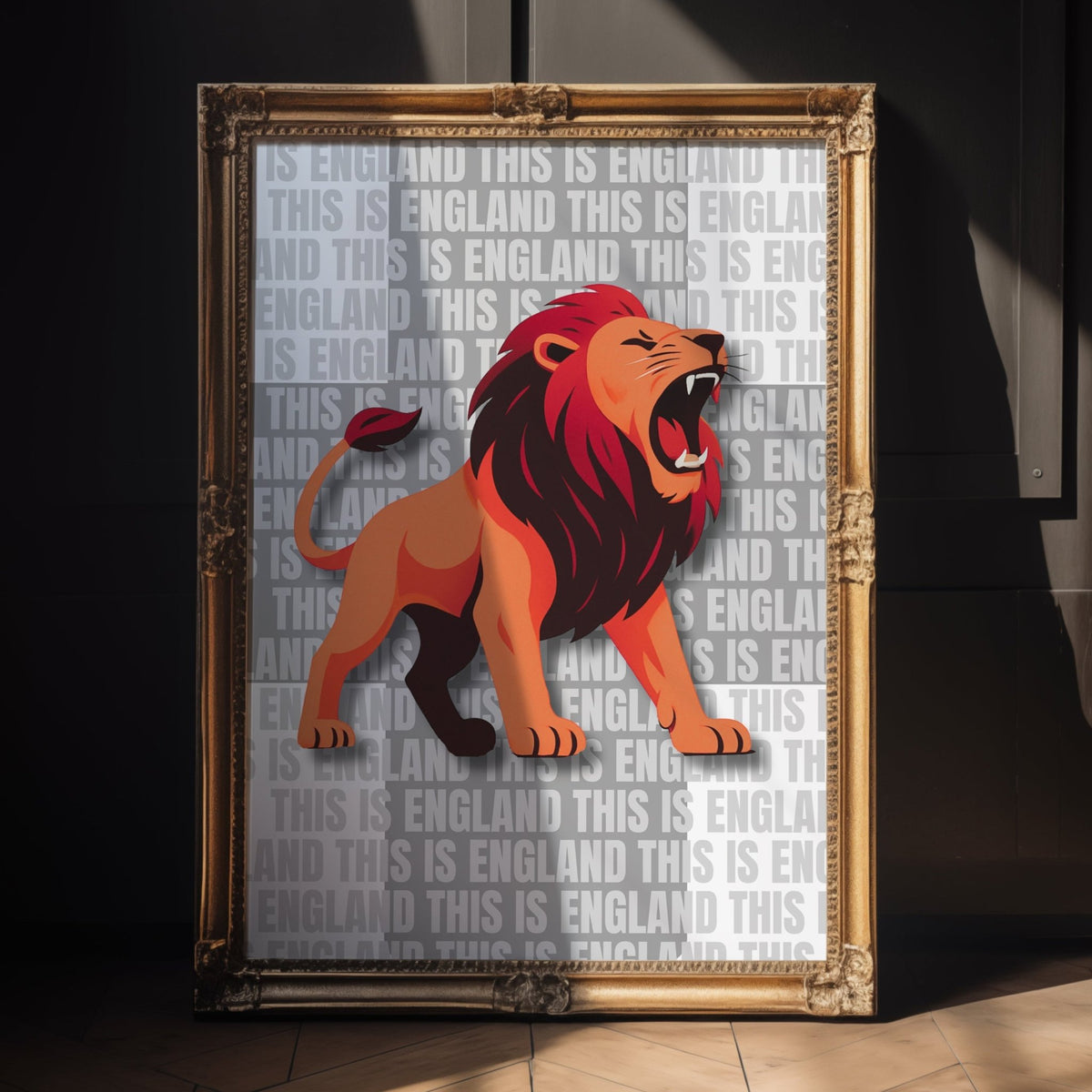 Framed artwork of a roaring lion with text on a white background, placed against a dark wall.
