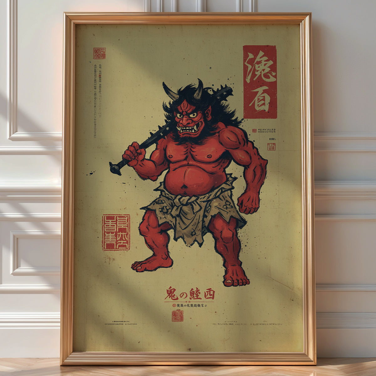 Illustrated red-skinned horned Oni demon wielding a club, vintage Japanese folklore poster design