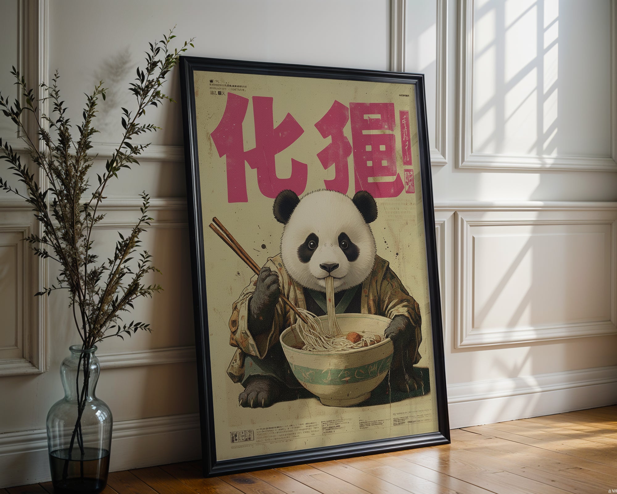 Ramen Panda poster displayed in a cosy interior setting