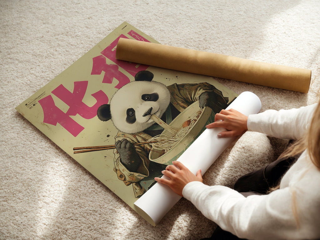 Ramen Panda poster displayed in a styled room setting