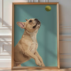 Illustrated French bulldog leaping up for a tennis ball against a teal background, framed poster art
