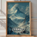 Illustrated 'Zermatt Switzerland' poster of the Matterhorn peak towering over a snowy alpine village