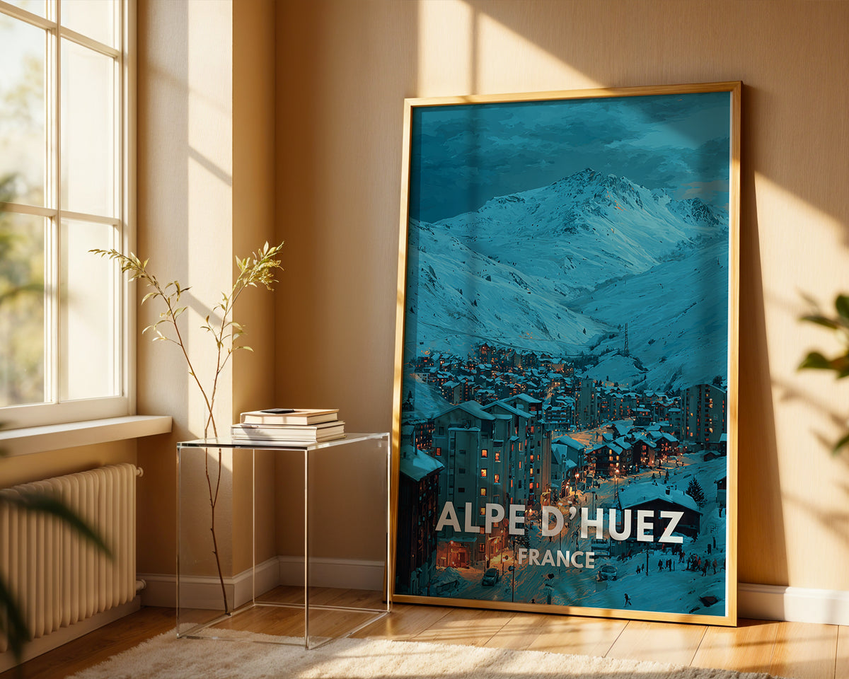 Alpe d'Huez poster mockup shown on a gallery wall