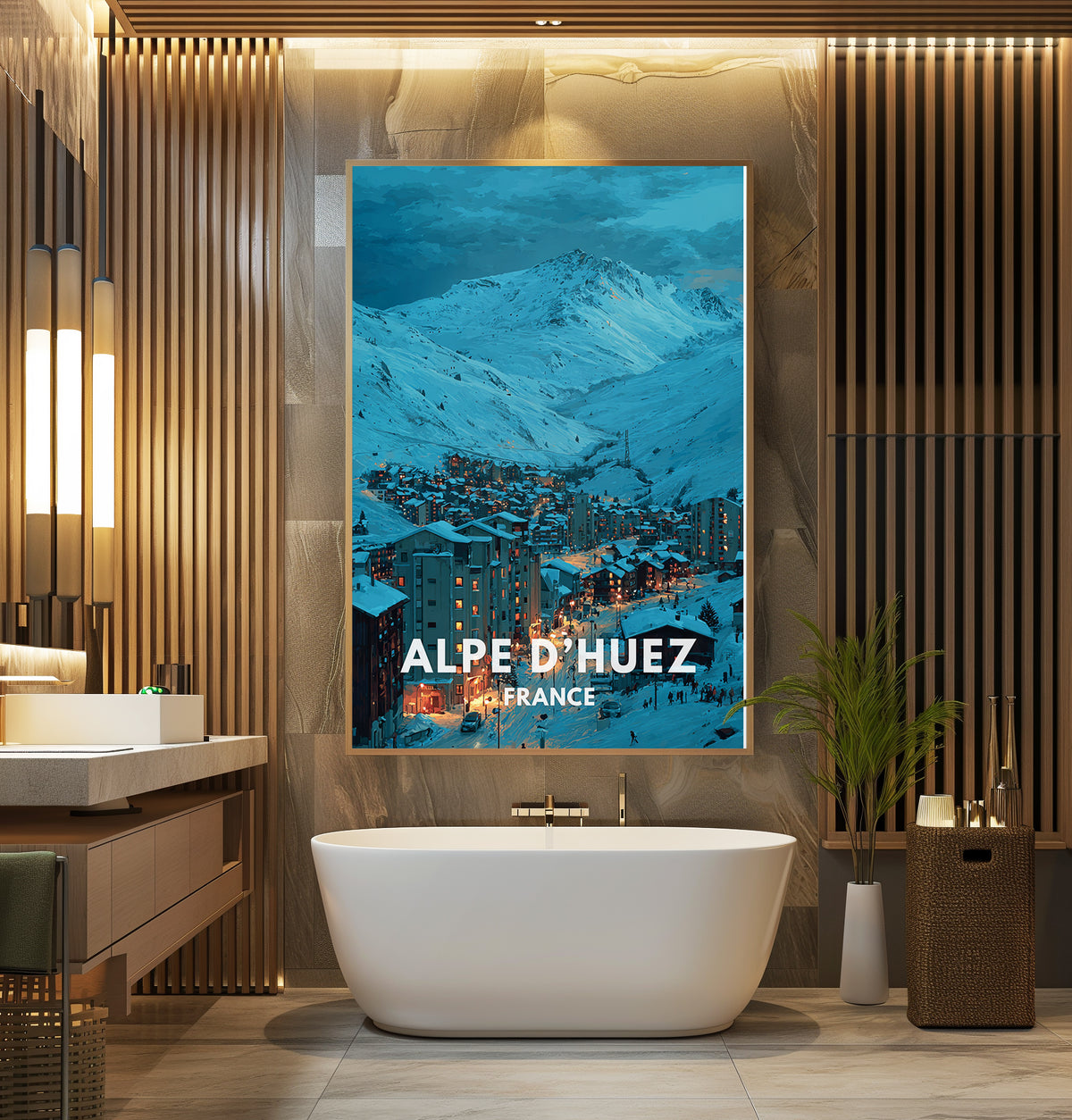 Alpe d'Huez poster displayed in a cosy interior setting