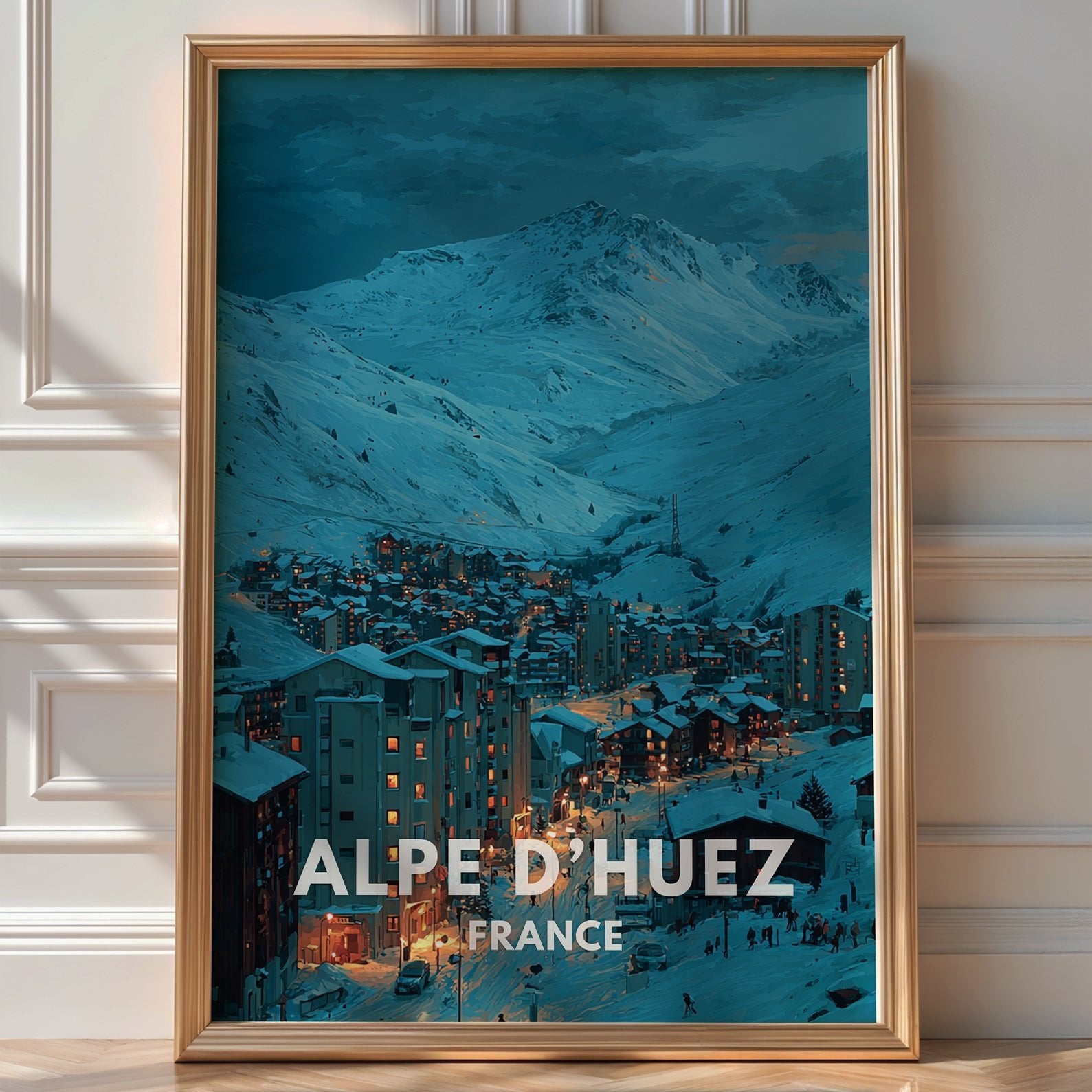 Illustrated 'Alpe d'Huez France' poster of a lit ski village nestled beneath snowy peaks at dusk