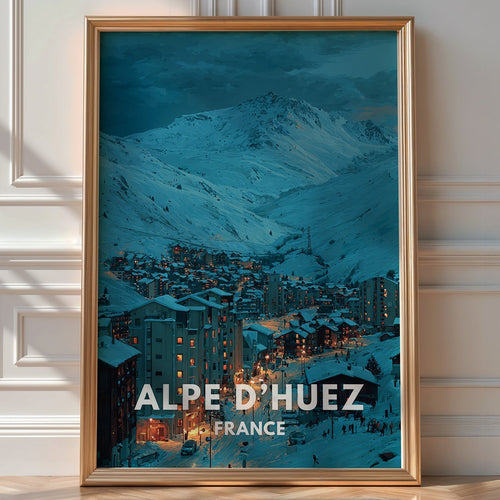Illustrated 'Alpe d'Huez France' poster of a lit ski village nestled beneath snowy peaks at dusk