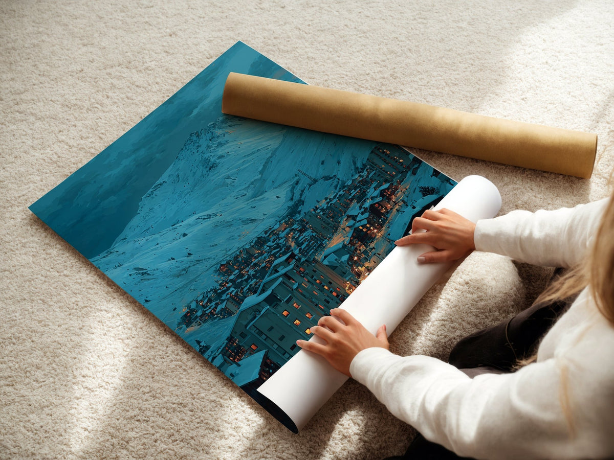 Alpe d'Huez poster displayed in a styled room setting