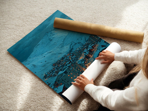 Alpe d'Huez poster displayed in a styled room setting