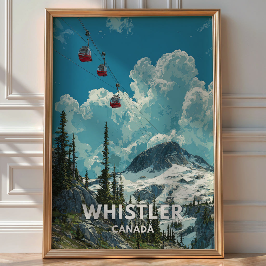 Illustrated 'Whistler Canada' poster of red gondola cars crossing a snowy mountain peak