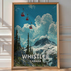 Illustrated 'Whistler Canada' poster of red gondola cars crossing a snowy mountain peak