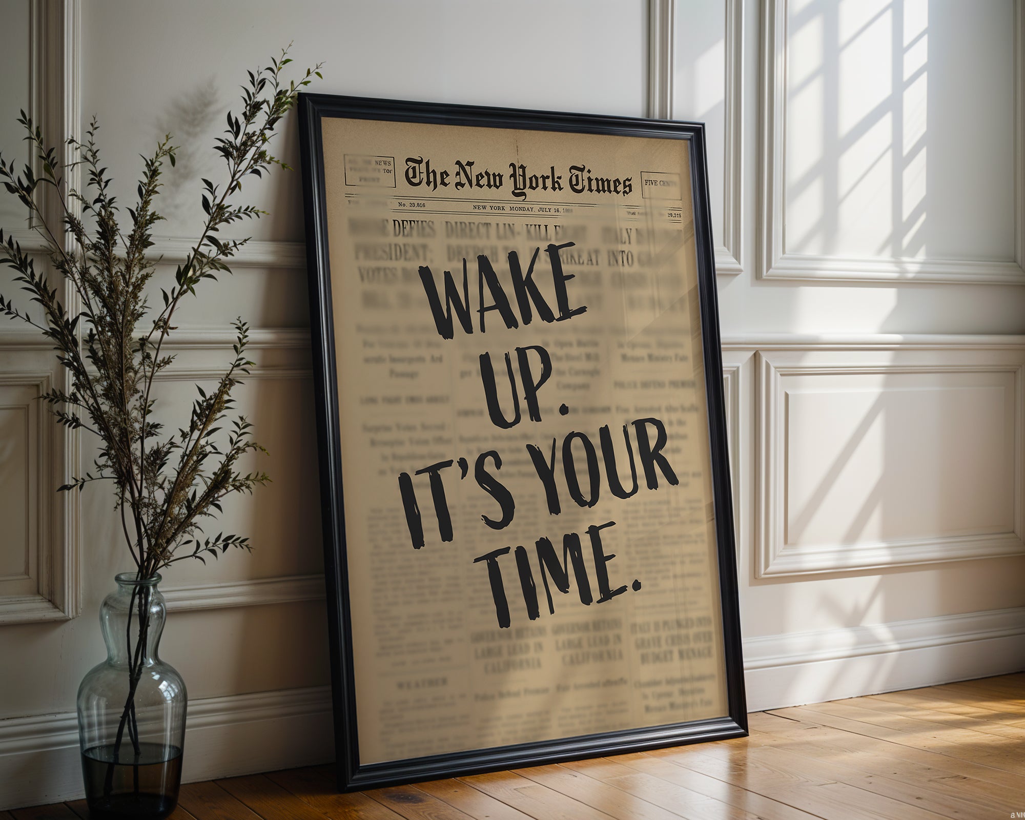 Wake Up It’s Your Time Poster, Bold Motivational Newspaper Wall Print - Just Great Posters