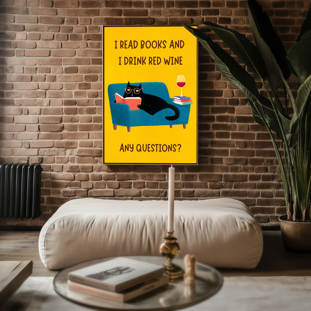 Funny Cat and Wine Poster – Quirky Wall Art for Book Lovers and Wine Drinkers - Just Great Posters