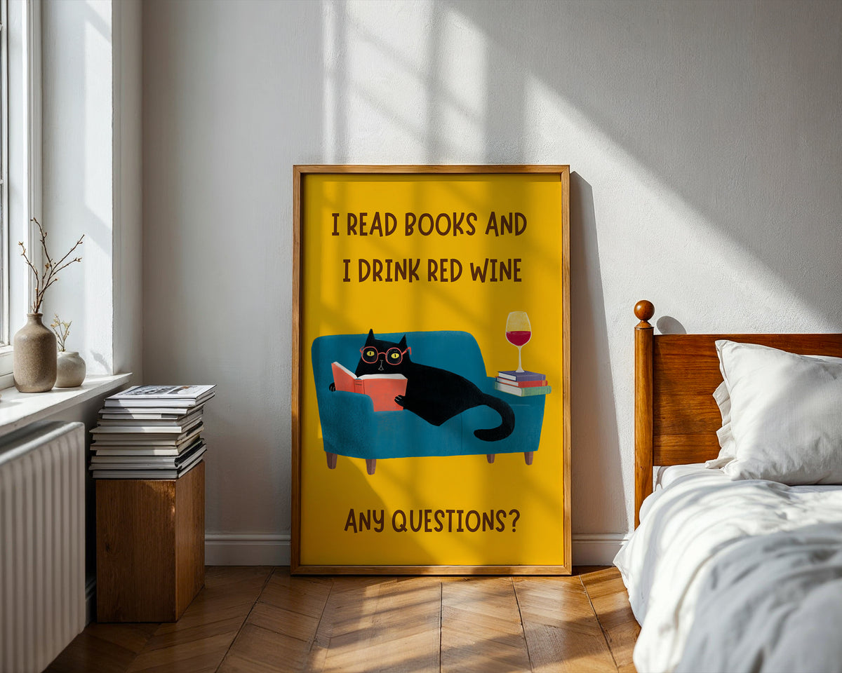 Funny Cat and Wine Poster – Quirky Wall Art for Book Lovers and Wine Drinkers - Just Great Posters