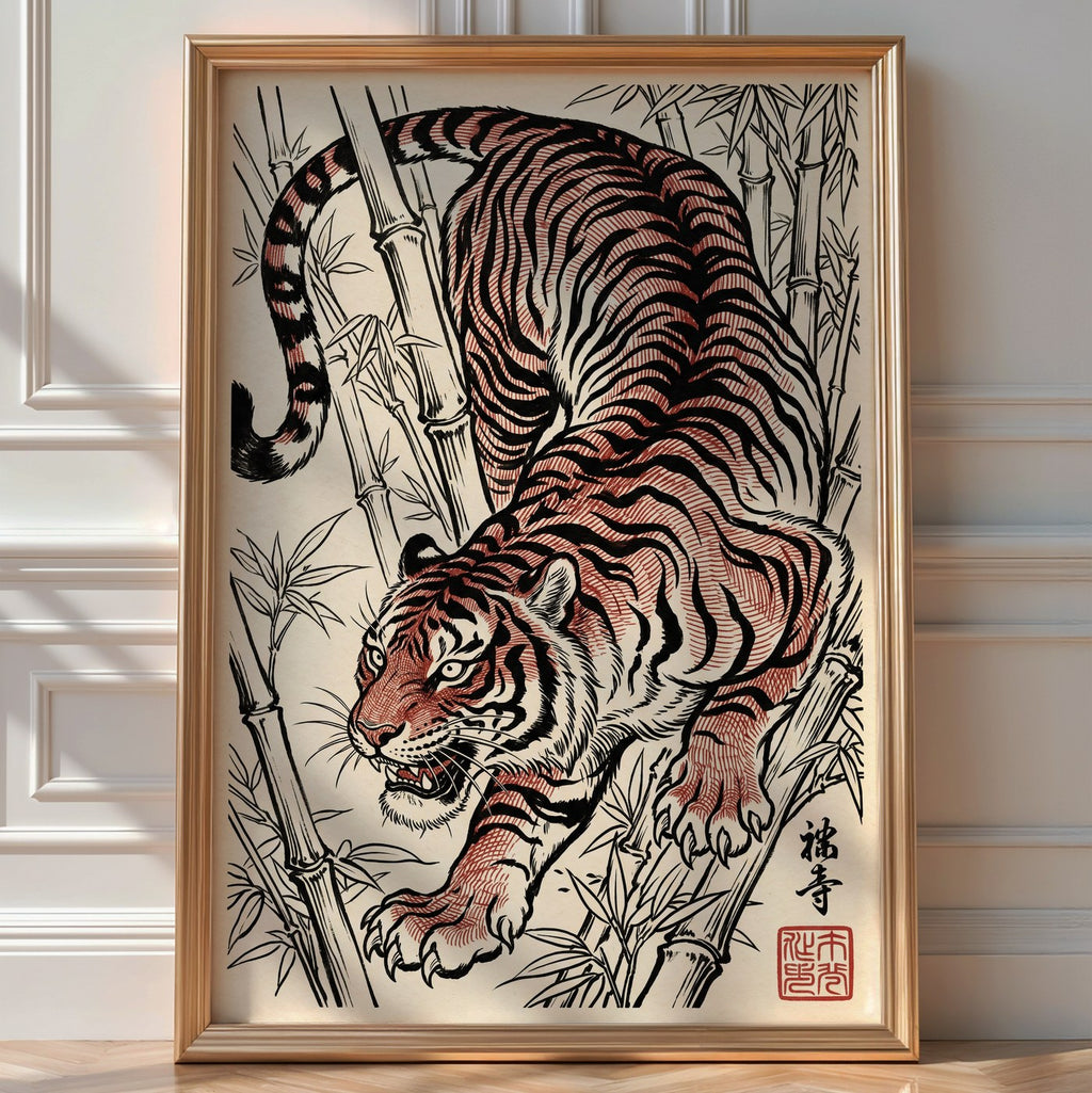 Stalking Tiger Poster – Red Ink Japanese Wall Art Print — room-portrait