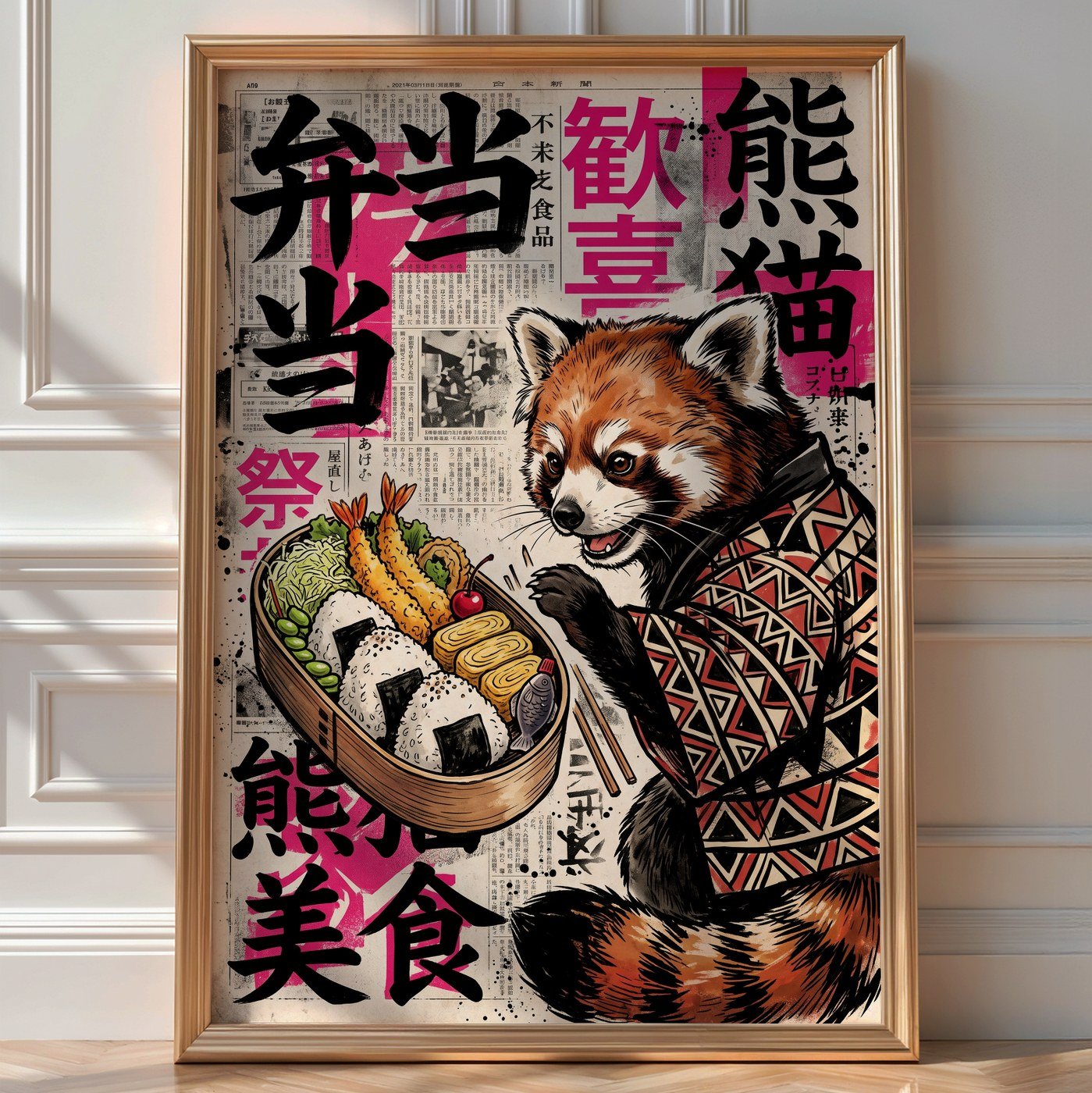 Bento Red Panda Poster – Bold Japanese Graphic Wall Art Print — room-portrait