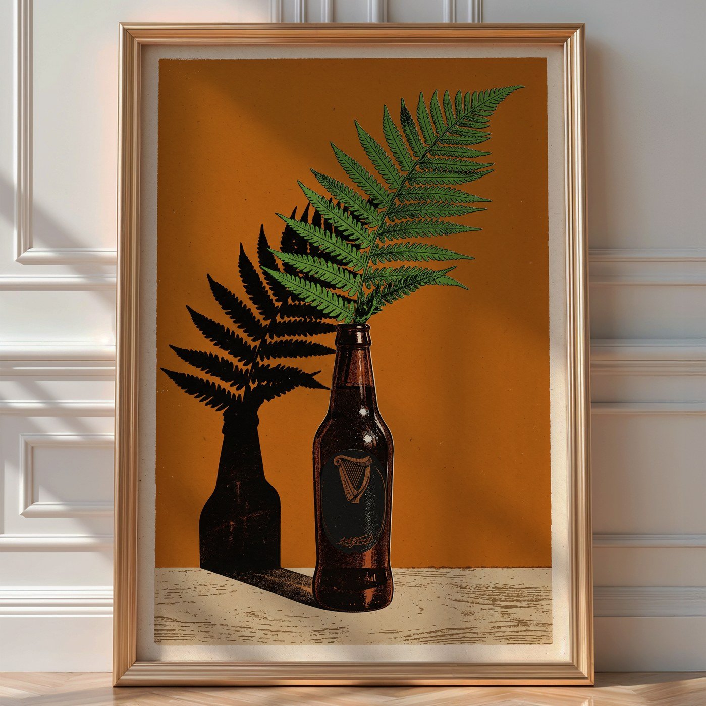 Guinness Bottle and Fern Poster – Retro Botanical Wall Art Print — room-portrait
