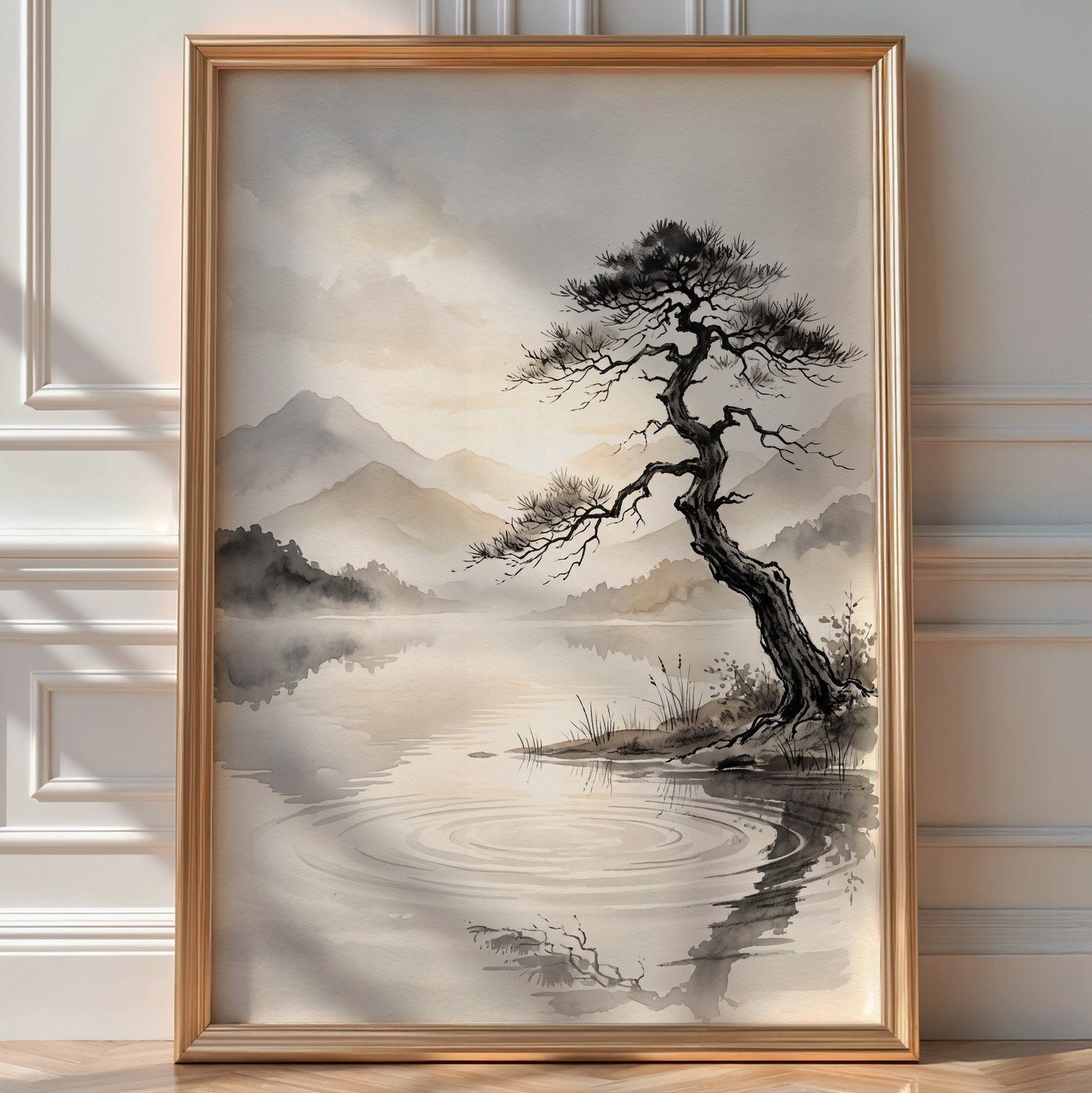 Zen Mountain Lake Poster – Japandi Landscape Wall Art Print — room-portrait