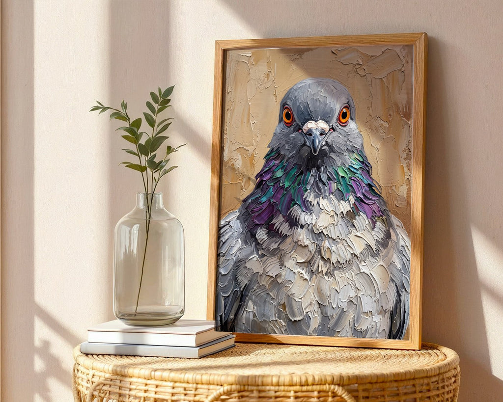 Staring Pigeon Oil Poster – Bold Character Animal Wall Art — frame-486