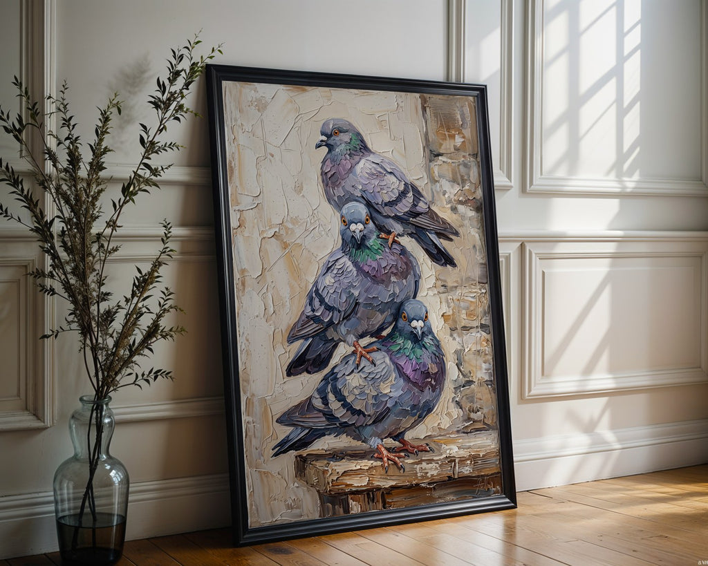 Pigeon Trio Portrait Poster – Rustic Impasto Bird Wall Art — frame-286