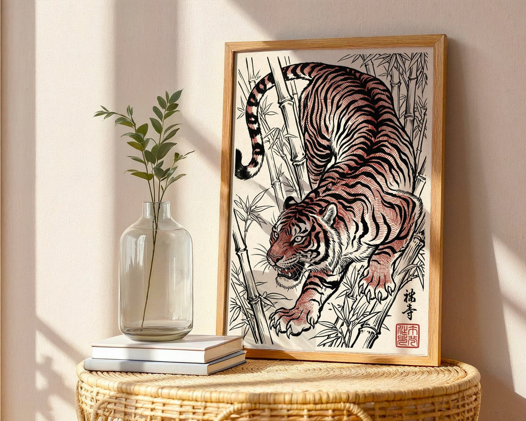 Stalking Tiger Poster – Red Ink Japanese Wall Art Print — frame-486