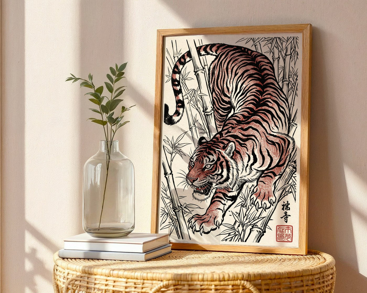 Stalking Tiger Poster – Red Ink Japanese Wall Art Print — frame-486