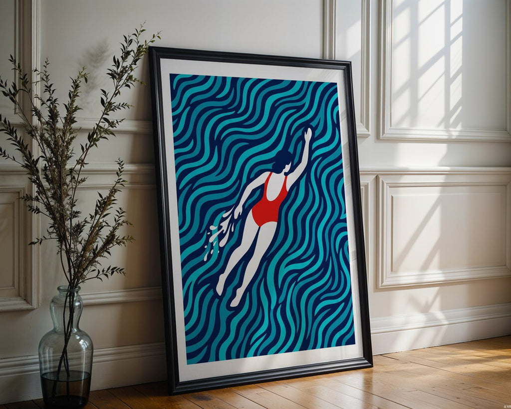 Golden Swimmer Poster – Minimalist Geometric Wall Art — frame-286