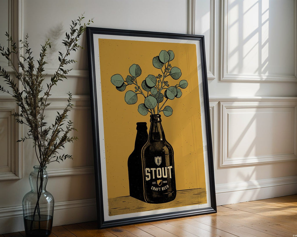 Stout Bottle and Eucalyptus Poster – Modern Botanical Wall Art Print — frame-286