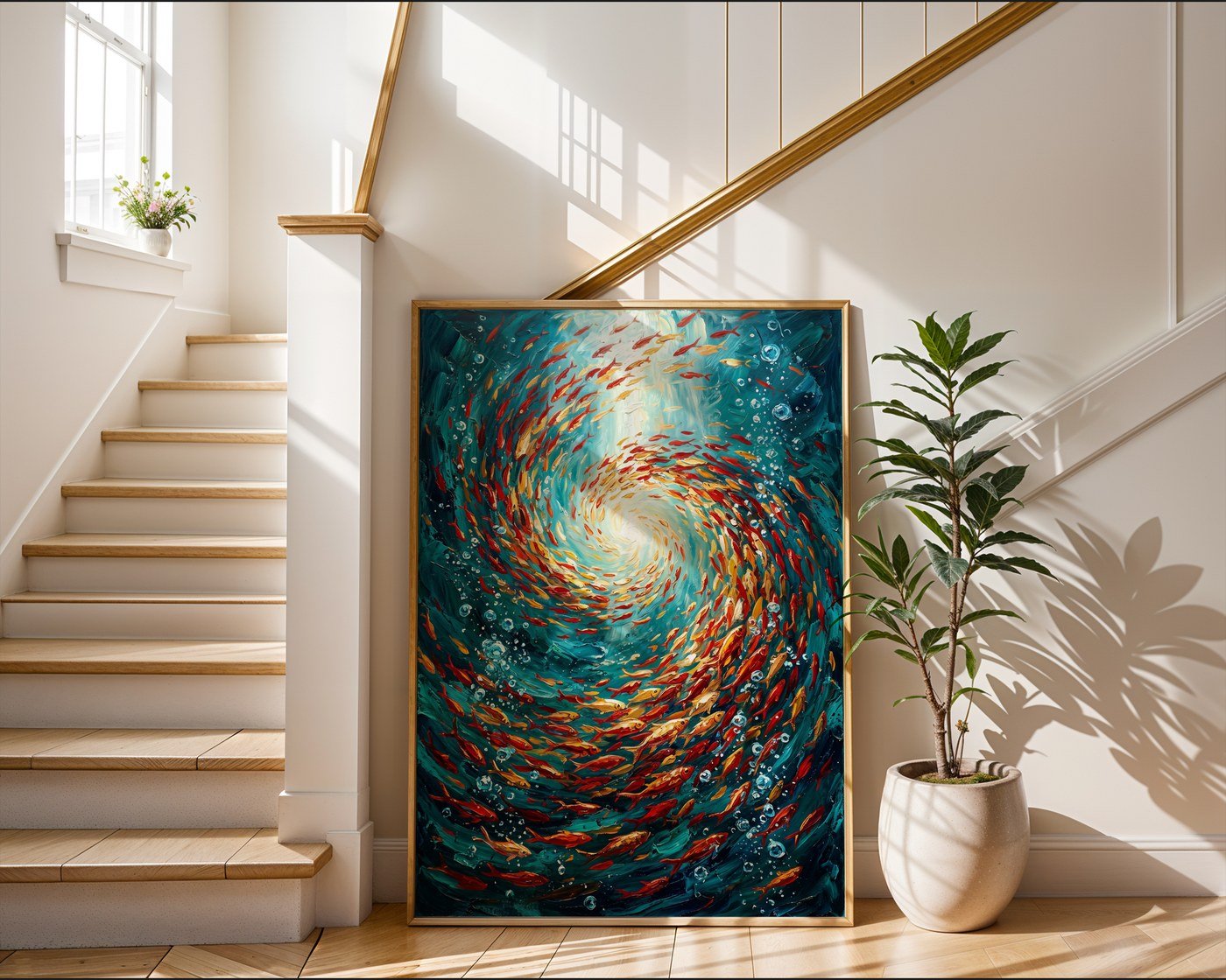 Red and Gold Fish Vortex Poster – Expressive Oil Painting Wall Art — frame-267