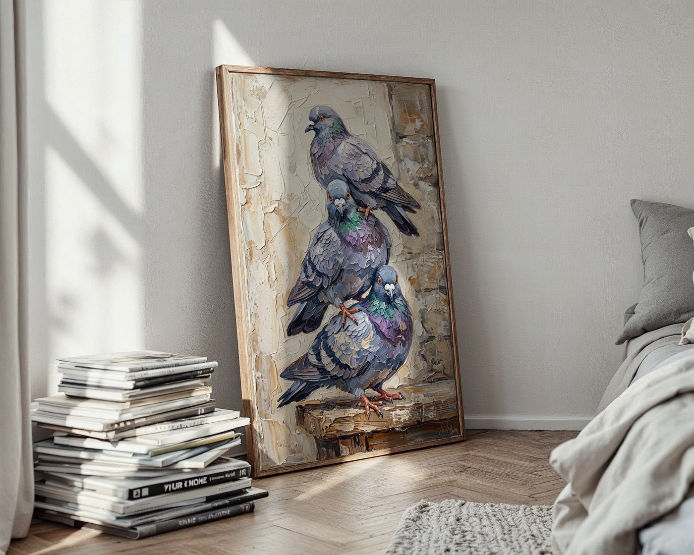 Pigeon Trio Portrait Poster – Rustic Impasto Bird Wall Art — styled-wall