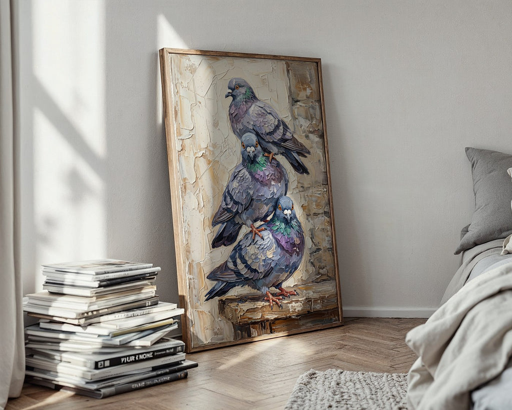 Pigeon Trio Portrait Poster – Rustic Impasto Bird Wall Art — styled-wall