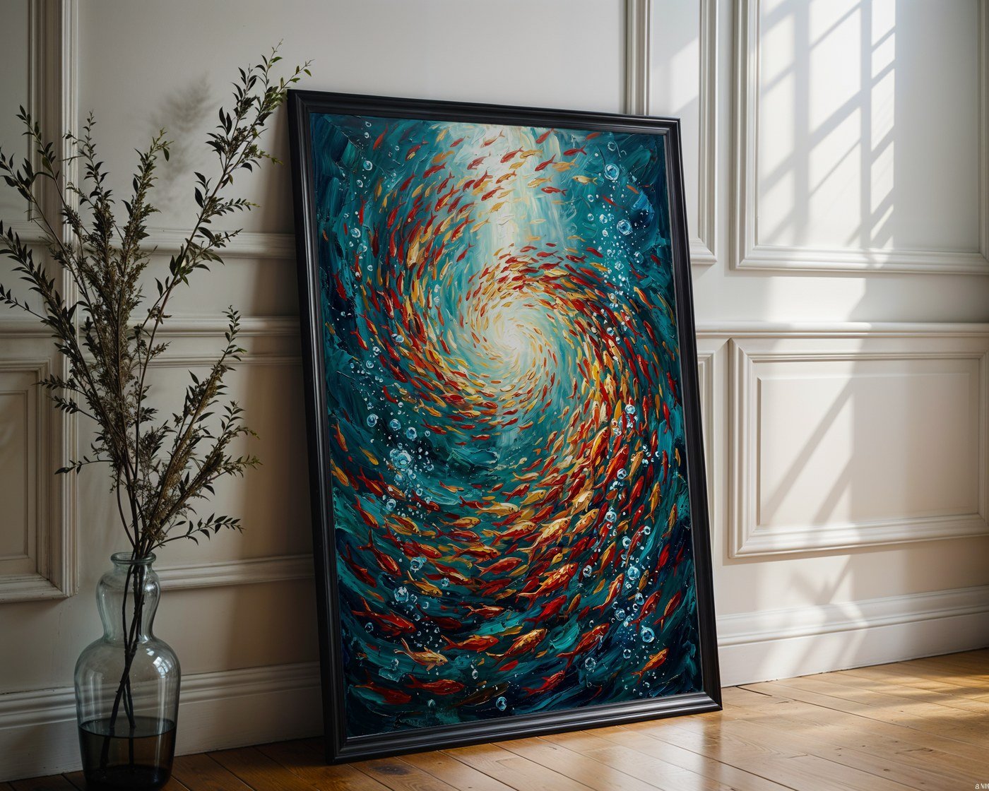 Red and Gold Fish Vortex Poster – Expressive Oil Painting Wall Art — frame-286