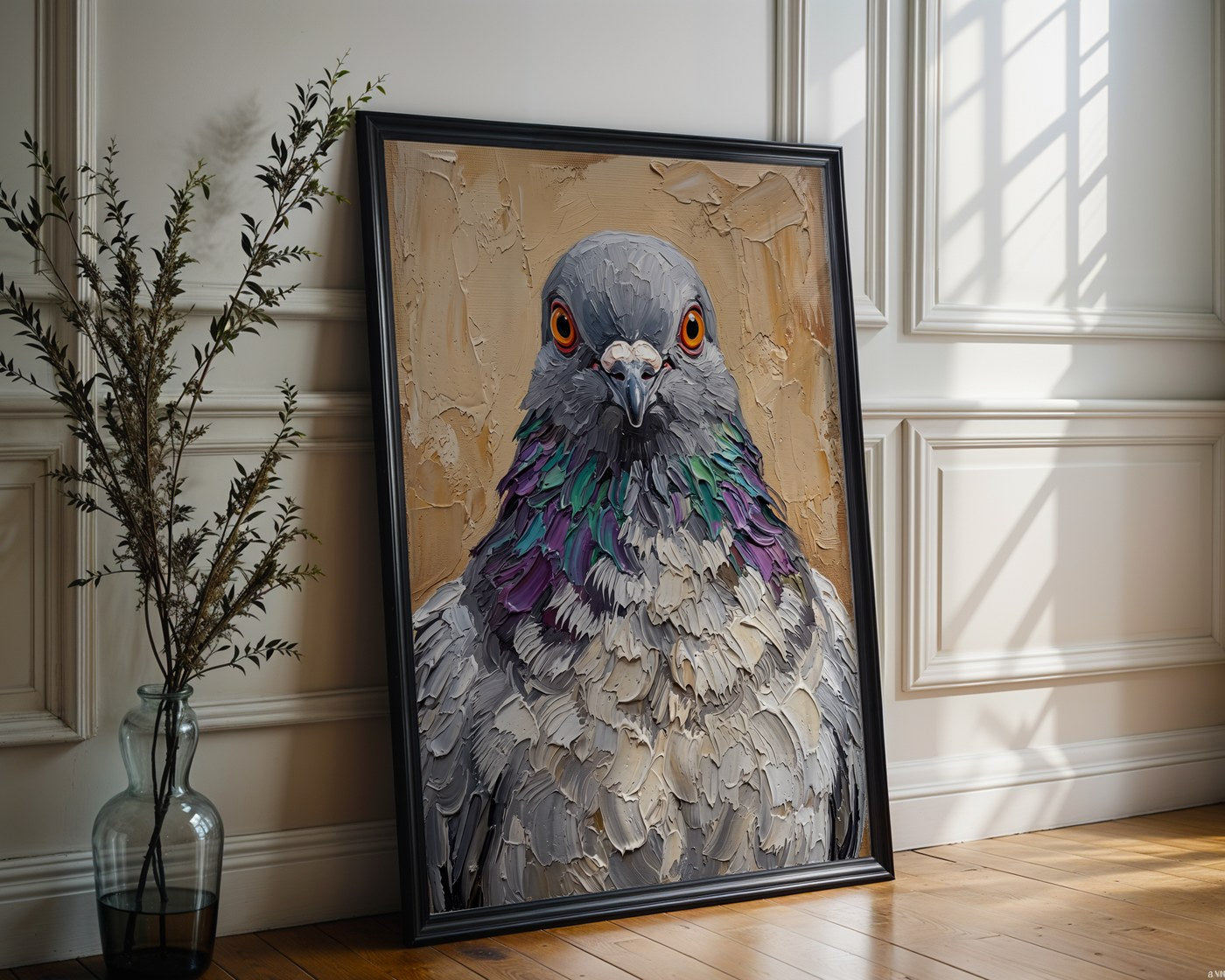 Staring Pigeon Oil Poster – Bold Character Animal Wall Art — frame-286