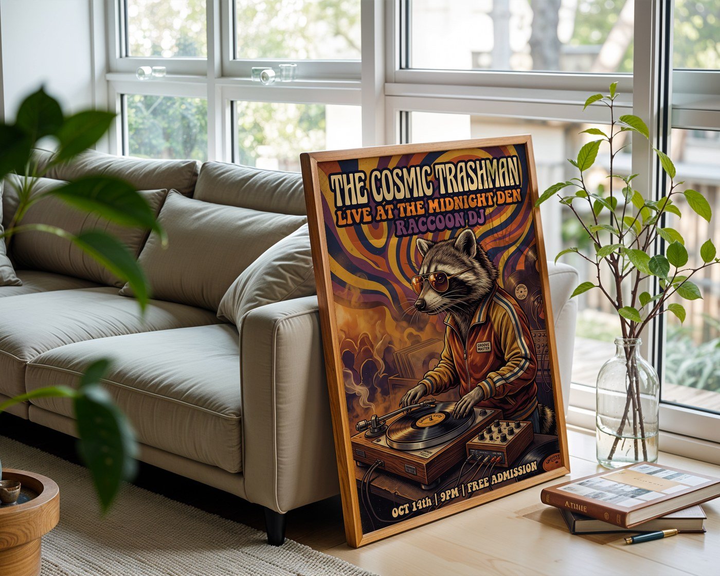 Cosmic Vinyl Raccoon Poster – 70s Funk Wall Art Print — frame-426
