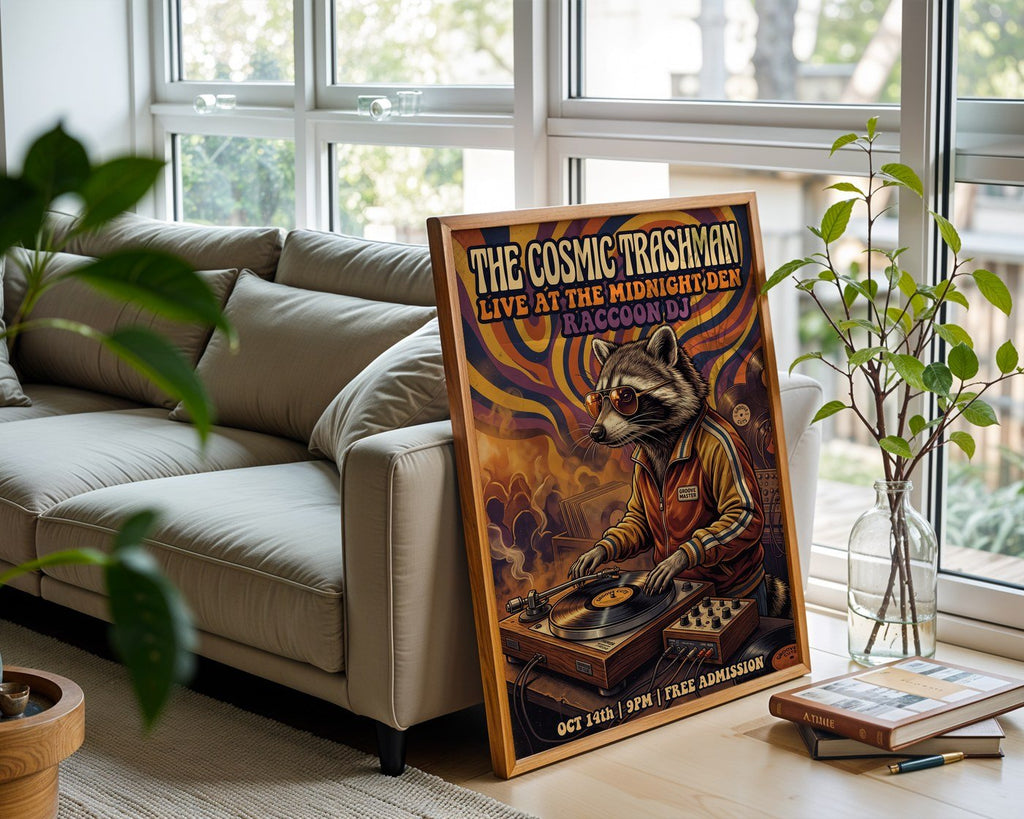 Cosmic Vinyl Raccoon Poster – 70s Funk Wall Art Print — frame-426