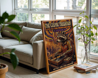 Cosmic Vinyl Raccoon Poster – 70s Funk Wall Art Print — frame-426