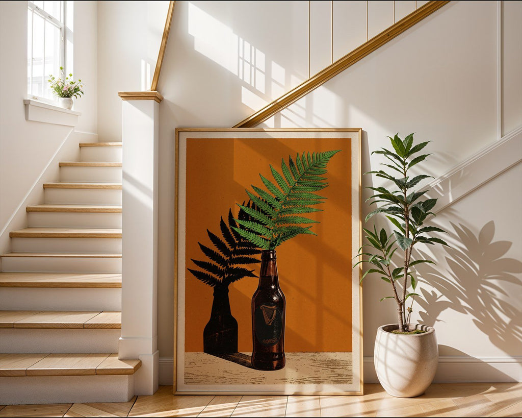 Guinness Bottle and Fern Poster – Retro Botanical Wall Art Print — frame-267