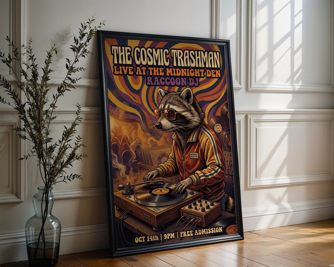 Cosmic Vinyl Raccoon Poster – 70s Funk Wall Art Print — frame-286