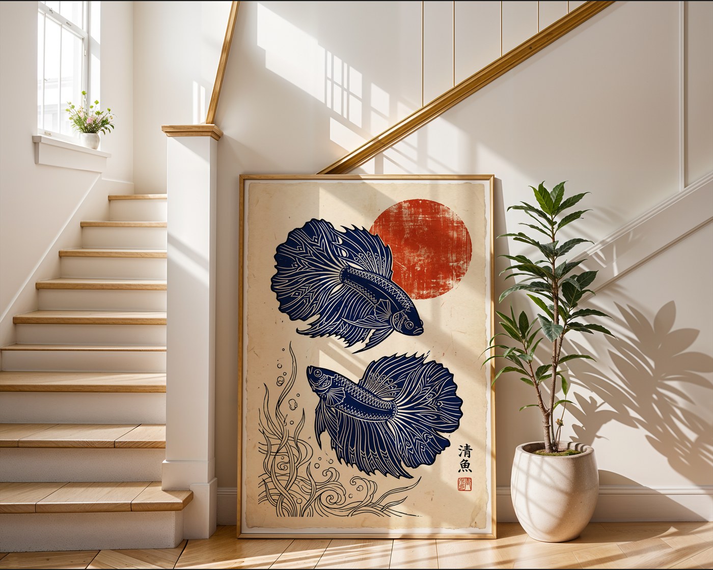 Betta Fish Poster – Japanese Linocut Wall Art Print — frame-267