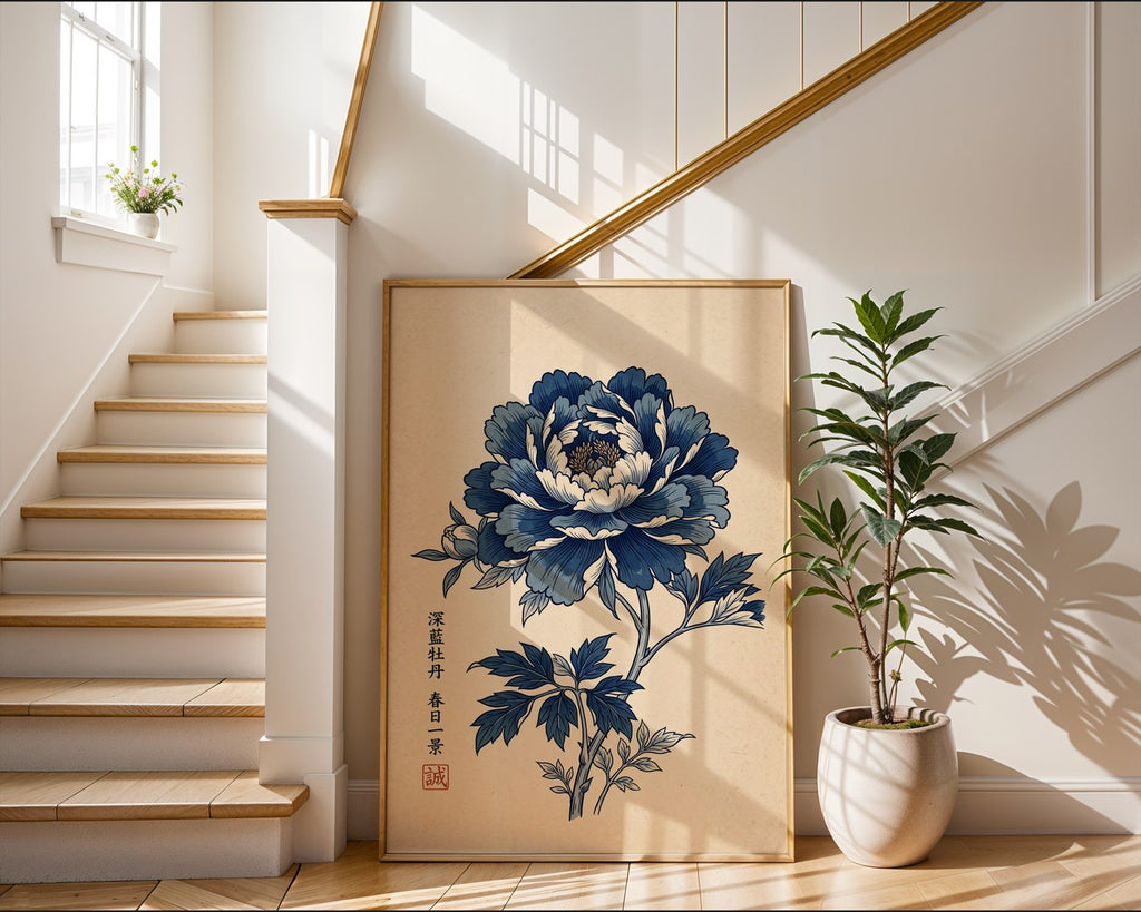 Japanese Blue Peony Poster – Indigo Ukiyo-e Wall Art Print — frame-267