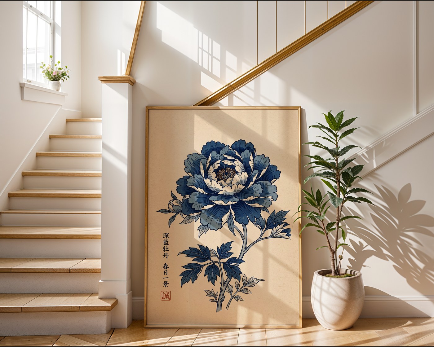 Japanese Blue Peony Poster – Indigo Ukiyo-e Wall Art Print — frame-267