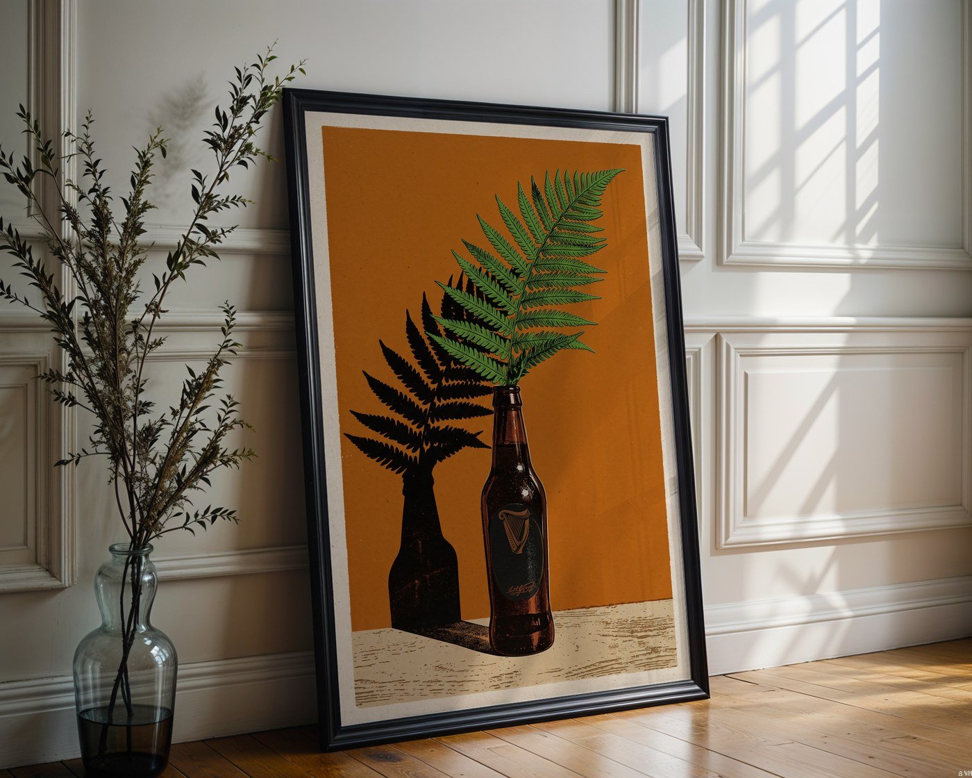 Guinness Bottle and Fern Poster – Retro Botanical Wall Art Print — frame-286