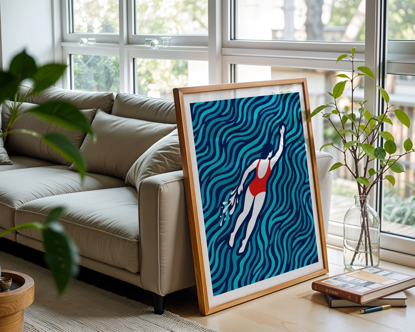 Golden Swimmer Poster – Minimalist Geometric Wall Art — frame-426