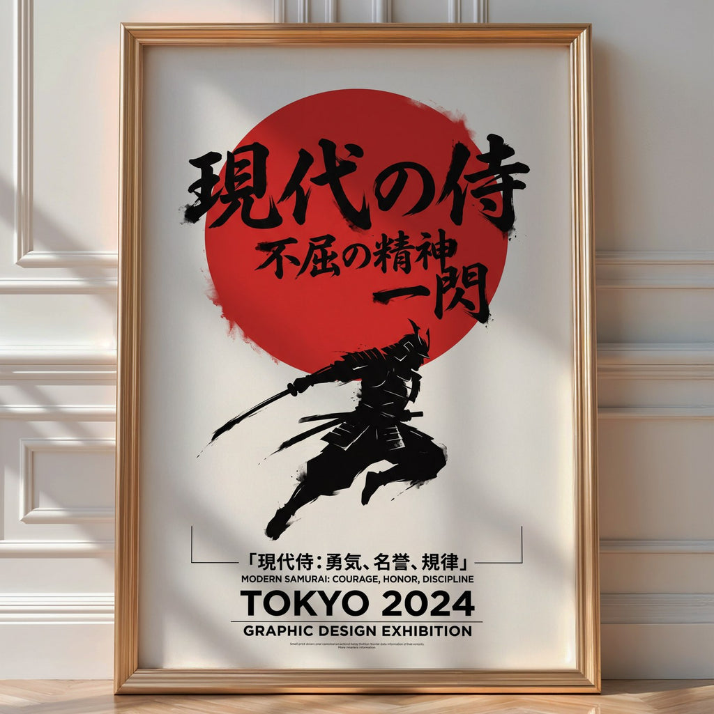 Red Sun Samurai Poster – Minimalist Japanese Graphic Art — room-portrait