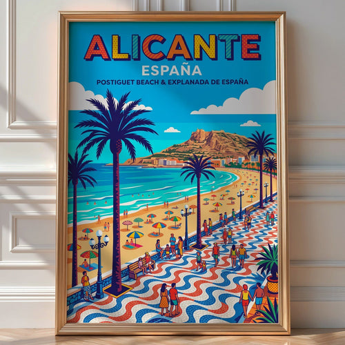 Alicante Postiguet Beach Poster – Retro Wall Art Print — room-portrait