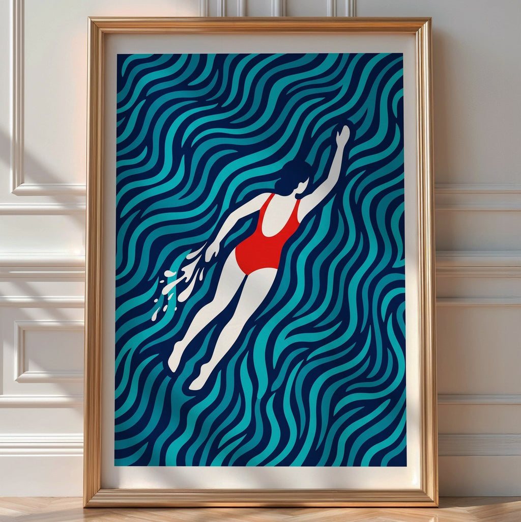 Golden Swimmer Poster – Minimalist Geometric Wall Art — room-portrait
