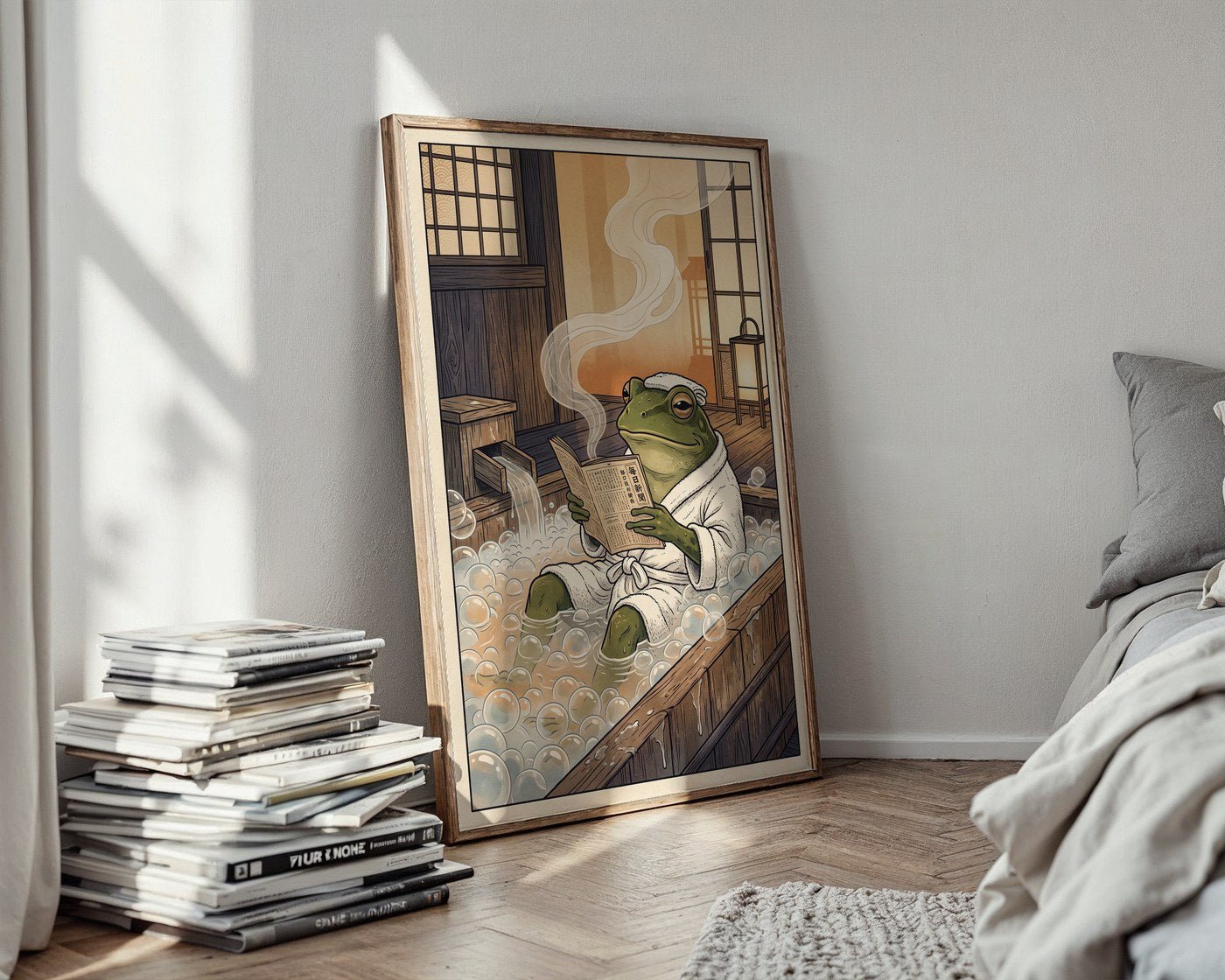 Zen Frog Bathing Poster – Vintage Japanese Editorial Wall Art Print — styled-wall
