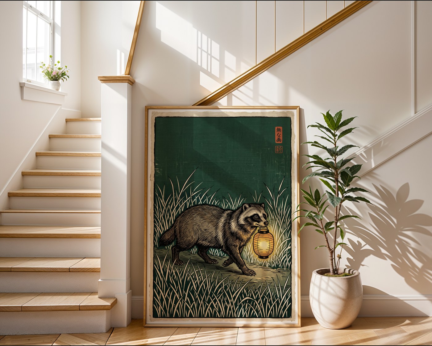 Badger with Lantern Poster – Woodblock Style Wall Art Print — frame-267