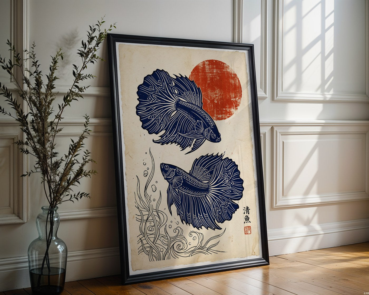 Betta Fish Poster – Japanese Linocut Wall Art Print — frame-286